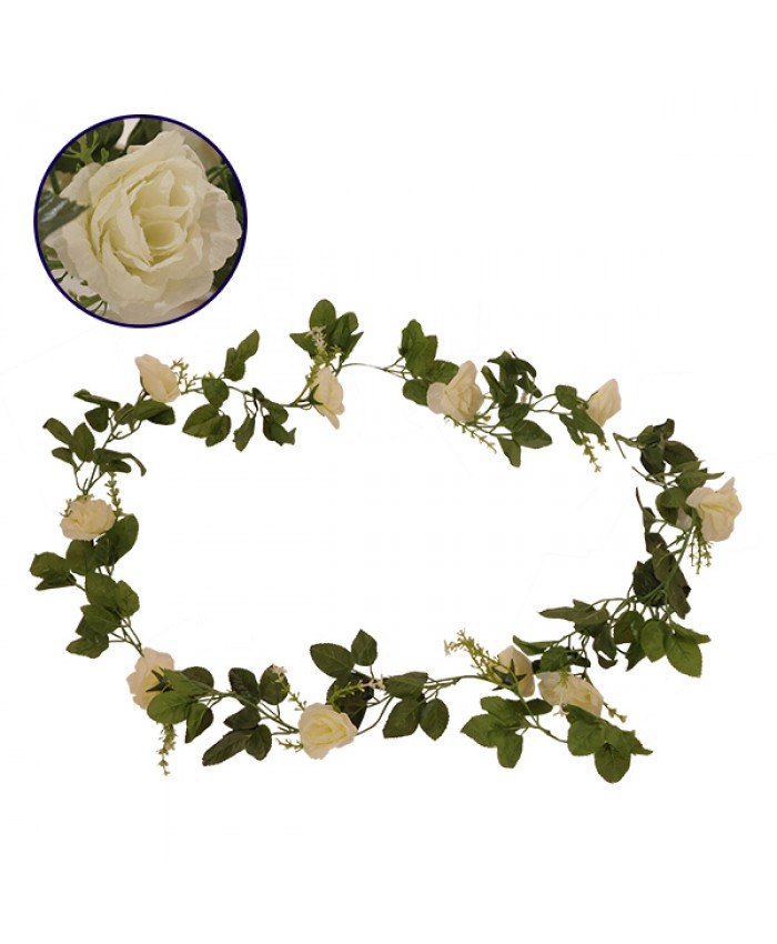 Τεχνητό Κρεμαστό Φυτό Διακοσμητική Γιρλάντα Μήκους 2.2 μέτρων με 10 X Μεγάλα Τριαντάφυλλα Λευκά Diommi 09000