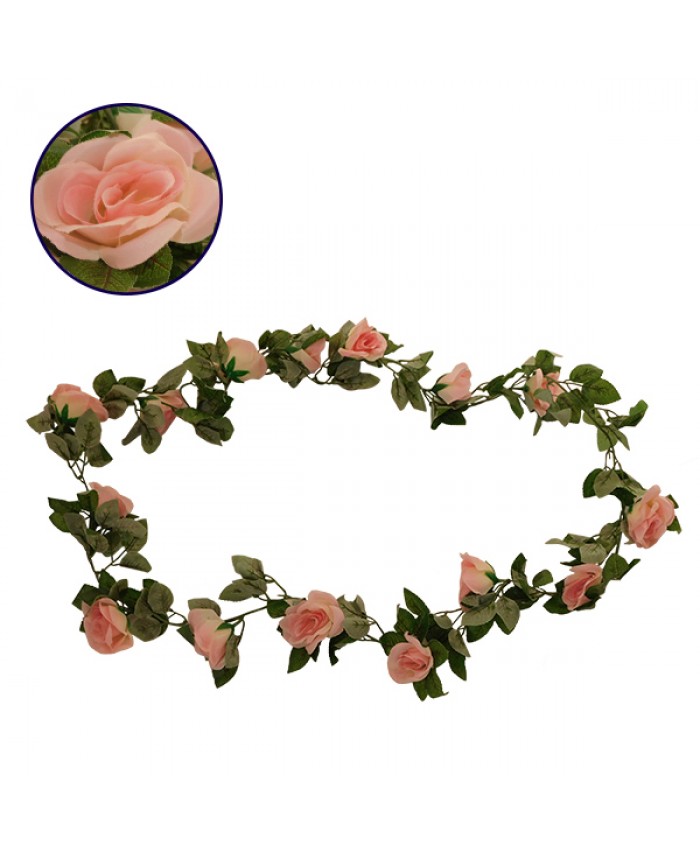 Τεχνητό Κρεμαστό Φυτό Διακοσμητική Γιρλάντα Μήκους 2 μέτρων με 16 X Μεγάλα Τριαντάφυλλα Ροζ Diommi 09004