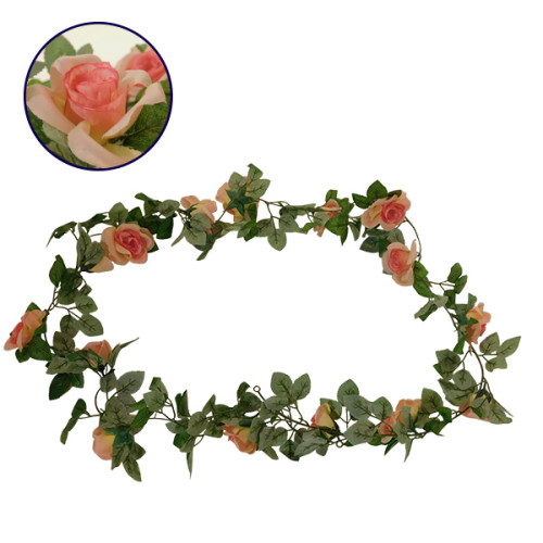 Τεχνητό Κρεμαστό Φυτό Διακοσμητική Γιρλάντα Μήκους 2 μέτρων με 16 X Μεγάλα Τριαντάφυλλα Ροζ Σομόν Diommi 09006