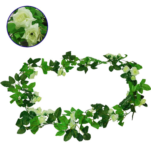 Τεχνητό Κρεμαστό Φυτό Διακοσμητική Γιρλάντα Μήκους 2.2 μέτρων με 33 X Μικρά Τριαντάφυλλα Πράσινα Λευκά Diommi 09019