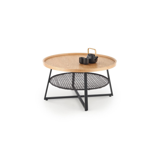 Round coffee table FLORENCE metal MDF rattan 80/45 cm natural oak and black DIOMMI V-CH-FLORENCE-LAW