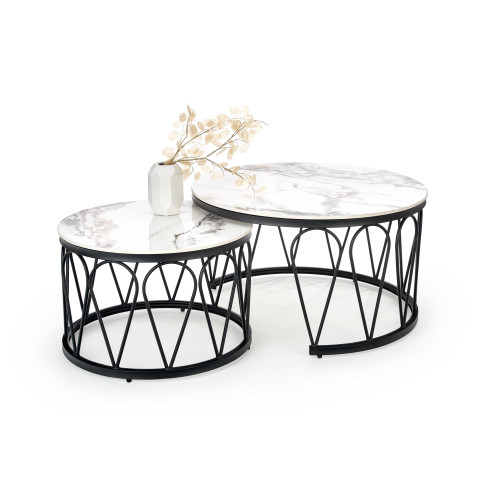 Set of coffee tables FORMOSA stone and metal 60x40cm - 80x47cm white marble and black DIOMMI V-CH-FORMOSA-LAW