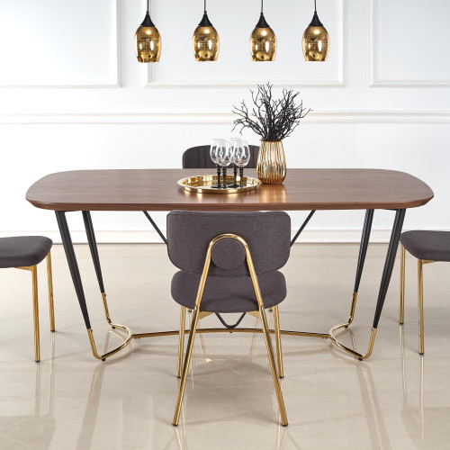 Dining table MANCHESTER mdf + natural veneer and chromed steel 180x90x76 cm walnut black and gold DIOMMI V-CH-MANCHESTER-ST