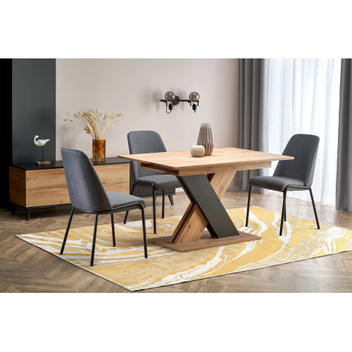 Extendable dining table XARELTO made of laminated chipboard in black and oak color 85x(130-175)x76 DIOMMI V-PL-XARELTO-ST-WOTAN/CZARNY