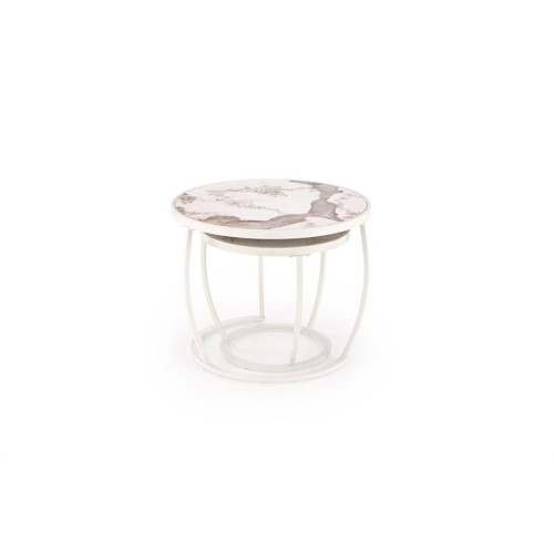 INES  set of two coffee tables, beige marble / white