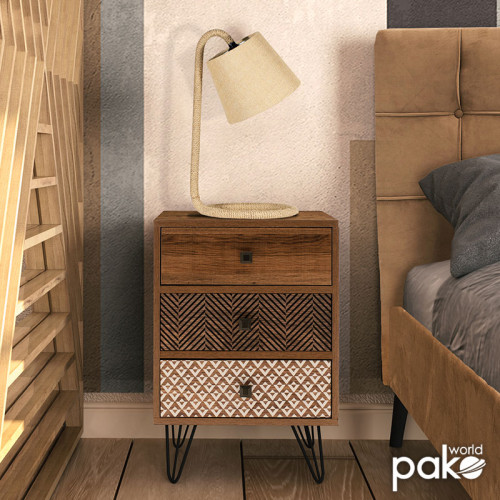 Nightstand Boho DIOMMI  with 3 drawers in walnut color 40x40x59cm