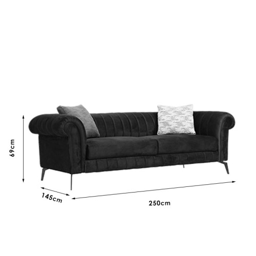 3 seater sofa PWF-0584 pakoworld type Chesterfield fabric black 245x120x70cm