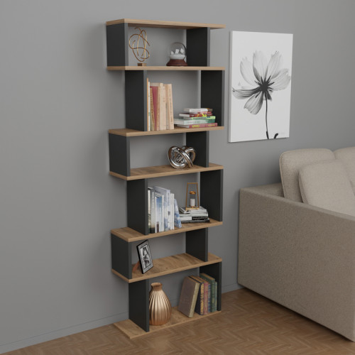 Bookcase Iolmi pakoworld anthracite-oak melamine 60x19.5x160cm