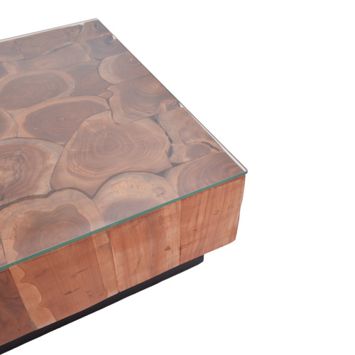 Coffee table Granon walnut-black solid teak wood-glass 80x80x32cm