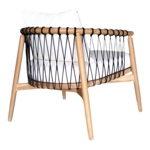 Armchair Haibo natural teakwood-black rope-white cushion 80x75x72cm