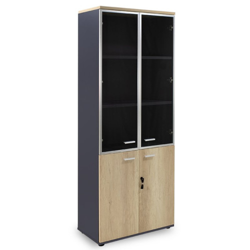 Bookcase Lotus DIOMMI with four doors by glass and wood in oak - dark grey color 80x40x200cm