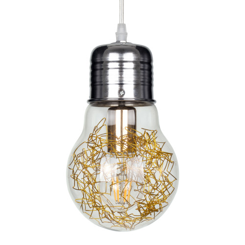 LAMP 00807 Modern Hanging Ceiling Lamp Single Light Silver Nickel Base and Gold Shade 