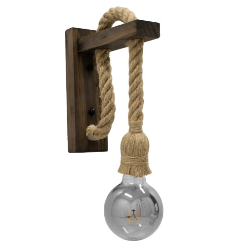  FLYN 00883 Vintage Wall Lamp Sconce Single Light Dark Brown Wooden with Rope M7 x W19 x H28cm