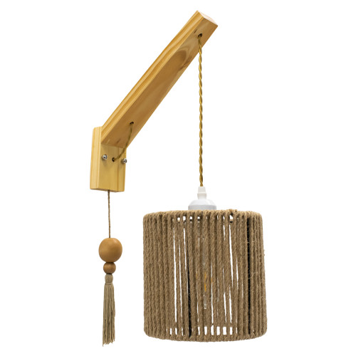  CASTI 00886 Vintage Wall Lamp Sconce Single Light Beige Wooden with Rope and Cap Φ19 x L19 x W35 x H30-85cm