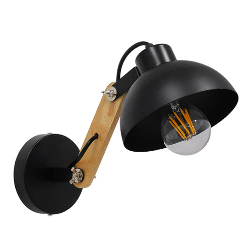 GRANT 00902 Modern Wall Lamp Sconce Single Light Black with Wooden Arm Metal Φ15 x H12cm
