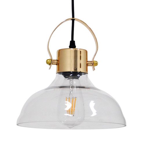  JAVER 00933 Vintage Pendant Ceiling Light Single Light Clear Glass Bell with Gold Shade W24 x H24cm
