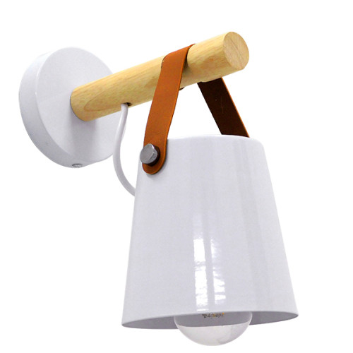 AMY 00946 Modern Wall Lamp Sconce Single Light White with Wood and Leather Strap Metal Φ13 x M13 x W19 x H14cm