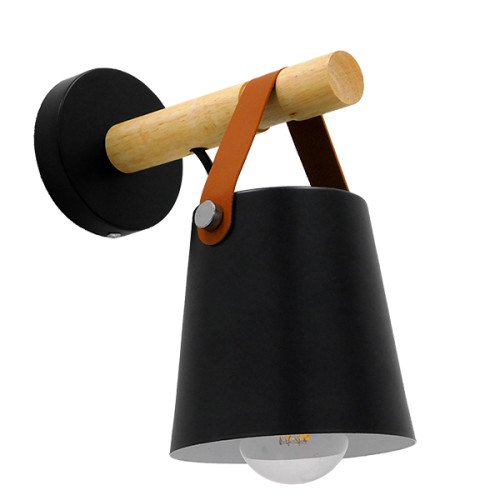 AMY 00947 Modern Wall Lamp Sconce Single Light Black with Wood and Leather Strap Metal Φ13 x M13 x W19 x H14cm