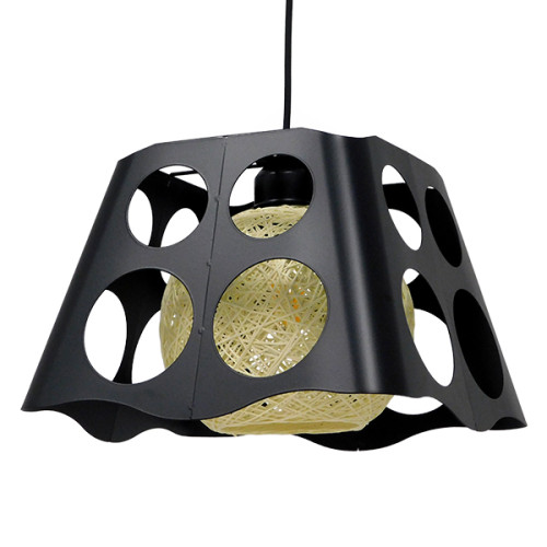 CARTER 00962 Modern Industrial Pendant Ceiling Light Single Light Black with Ecru Metal Mesh M28 x W28 x H22cm