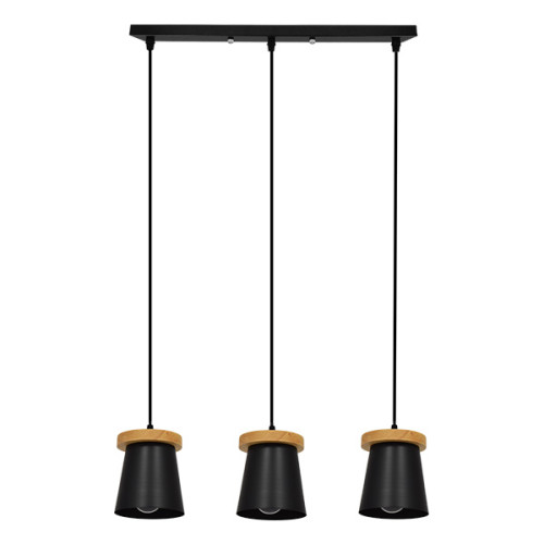 LANA 01425 SET Modern Hanging Three-Light Ceiling Lamp with Wooden Base and Black Cap Φ13 x M58 x H17cm