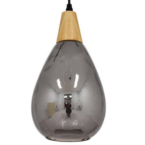 NOAH 01489 Modern Hanging Ceiling Lamp Single Light Glass with Wood Black Matte Nickel Φ16 x H30cm