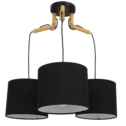 RAMSON 01525 Modern Hanging Ceiling Lamp Three Lights Black with Wood and Fabric Caps Φ67 x H65cm