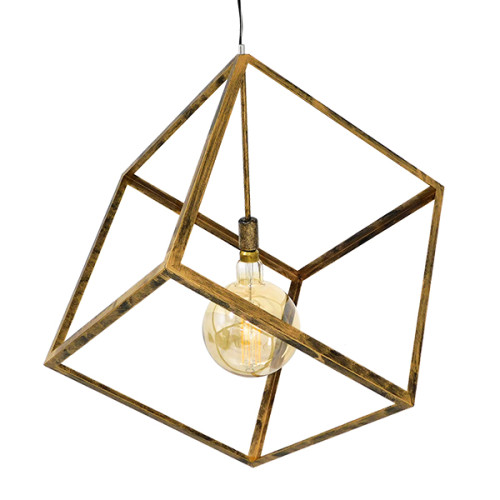 CUBE 01674 Modern Hanging Ceiling Lamp Single Light Gold Rust Metal Mesh M70 x W70 x H87cm