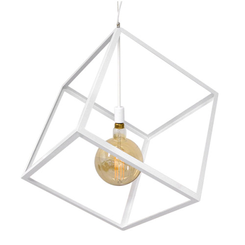 CUBE 01675 Modern Hanging Ceiling Lamp Single Light White Metal Mesh M70 x W70 x H87cm