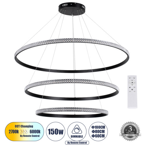  DIAMOND TRIO 61140 Pendant Light Ring-Circle LED CCT 150W 18379lm 360° AC 220-240V-Switching Lighting via Remote Control All In One