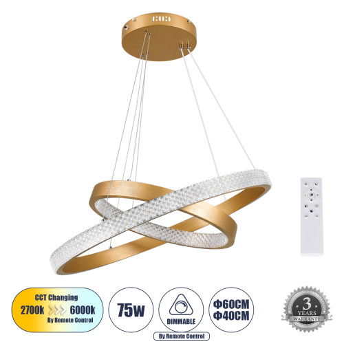  DIAMOND DUO 61151-DECO Pendant Light Ring-Circle LED CCT 75W 8743lm 360° AC 220-240V - Switching Lighting via Remote Control All In One