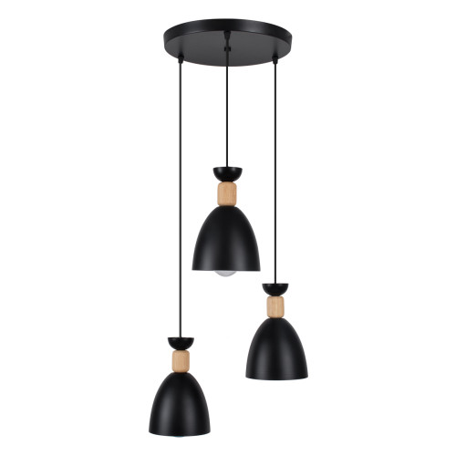 AVA 61572 Modern Hanging Ceiling Lamp Three Lights 3 x E27 Black Metal Bell with Wooden Detail D35 x H130cm