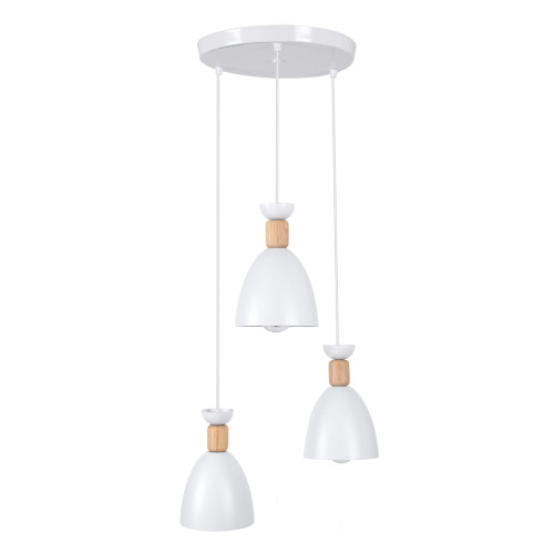 AVA 61573 Modern Hanging Ceiling Lamp Three Lights 3 x E27 White Metal Bell with Wooden Detail D35 x H130cm