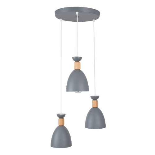 AVA 61574 Modern Hanging Ceiling Lamp Three Lights 3 x E27 Gray Metal Bell with Wooden Detail D35 x H130cm