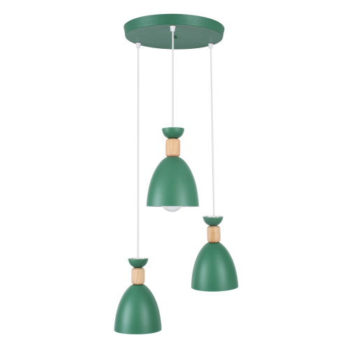 AVA 61575 Modern Hanging Ceiling Lamp Three Lights 3 x E27 Cypress Green Metal Bell with Wooden Detail D35 x H130cm