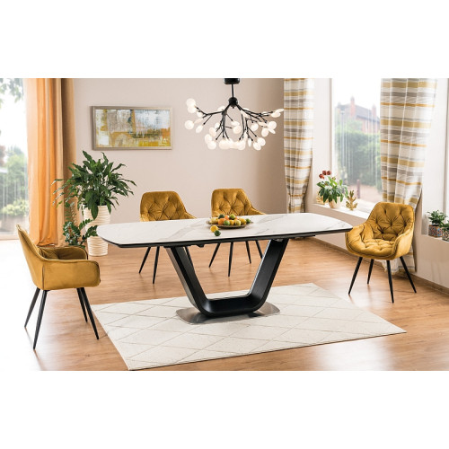 Extendable dining table ARMANI CERAMIC MDF and ceramic top white with marble effect and MDF and metal frame in matte black 160(220)x90x76cm DIOMMI ARMANIBC160
