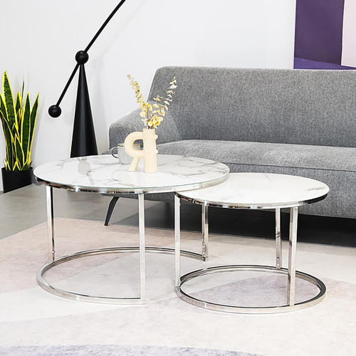 Set of coffee tables ATLANTA B white tempered glass top with marble effect and metal frame in chrome color 80x45/60x42cm DIOMMI ATLANTABBCH