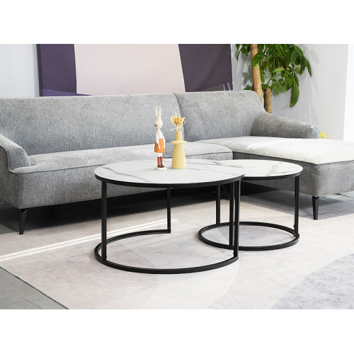 Set of coffee tables ATLANTA C white tempered glass top with marble effect and black metal frame 80x45/60x42cm DIOMMI ATLANTCBC
