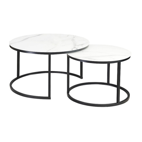 Set of coffee tables ATLANTA C white tempered glass top with marble effect and black metal frame 80x45/60x42cm DIOMMI ATLANTCBC