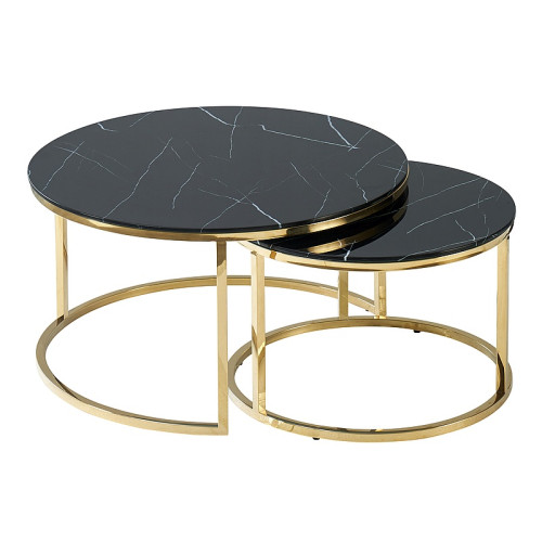 Set of two coffee tables MUSE of tempered glass and stainless steel 80x45x80 60x40x60 black and gold DIOMMI MUSECZMAZL