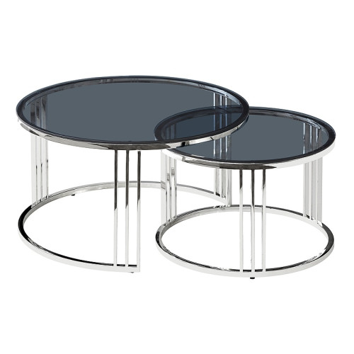 Coffee table set VIENNA of smoked tempered glass and metal 80x45/60x40cm smoked glass/silver DIOMMI VIENNACZS